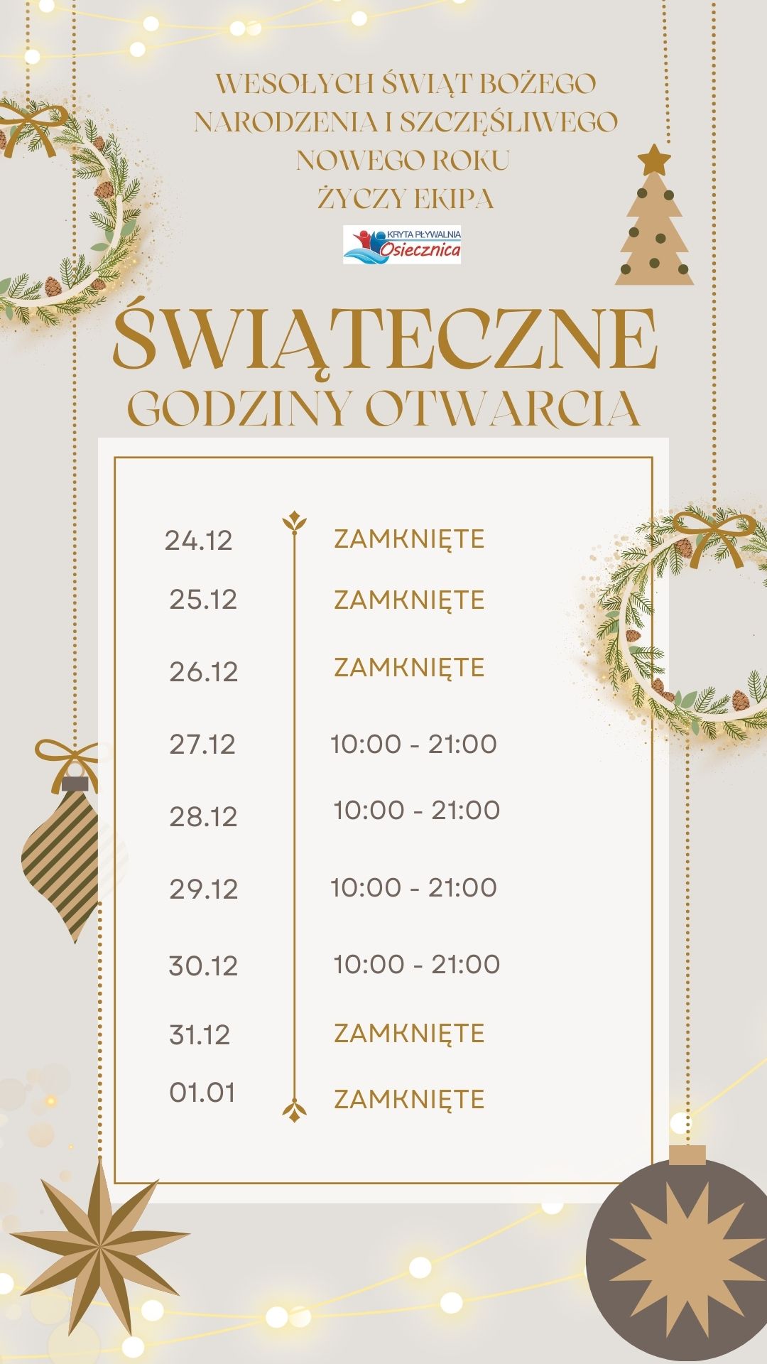 ŚWIĄTECZNE GODZINY OTWARCIA